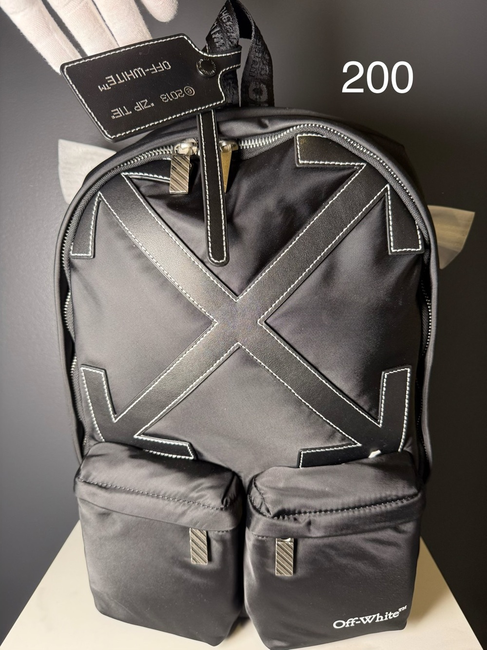 Off-White Black Nylon Backpack with White Stitch Arrow